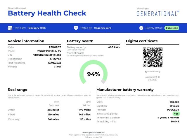 2022 Peugeot e-208 0.0 100kW GT Premium 50kWh 5dr Auto